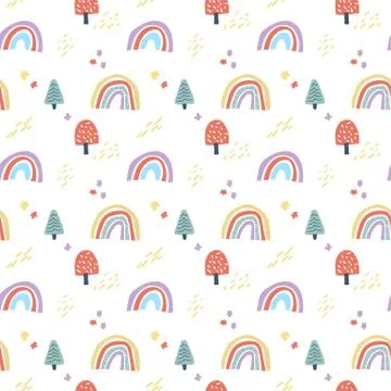 Vector scandinavian seamless pattern clouds, rain, sun and rainbow. Cute simple Illustrazione stock