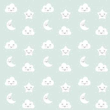 Vector scandinavian seamless pattern with moon, cloud and stars. Hand drawn 스톡 일러스트