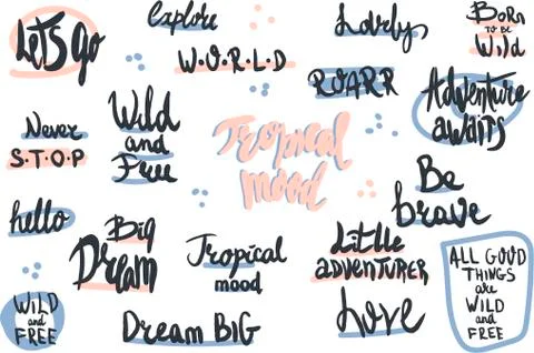 Vector scandinavian set of hand drawn space quotes, phrases and words. Graphi Stock Illustration