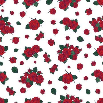 Vector scattered red roses and leaves againts white background seamless patte Stock Illustration