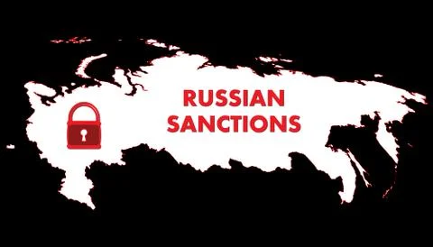 Vector schematic map of Russia. The padlock symbolizes the sanctions. Illustration