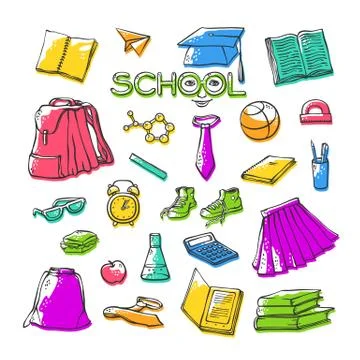 Vector school clothes stationery. Various stylish symbols education for design Stock Illustration