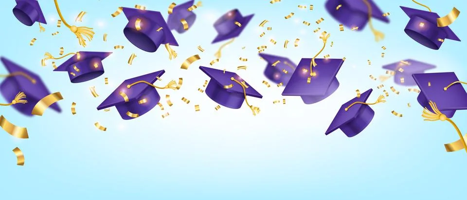 Vector school graduation cap background, academy student party banner Stock Illustration