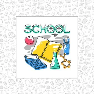 Vector school objects design with seamless pattern background stationery symbols Stock Illustration