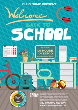 Vector school party invitation disco style. Meeting of graduates Stock Illustration