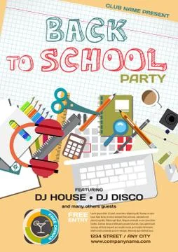 Vector school party invitation disco style. Meeting of graduates Stock Illustration
