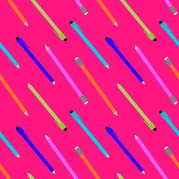 Vector School pattern with pencils, pens on a bright pink background. Stock Illustration