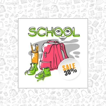 Vector school sale backpack, sneakers and stationery of banner stylish design Stock Illustration