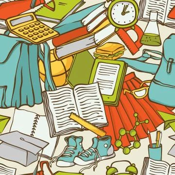 Vector school seamless pattern clothes stationery. Background cartoon various Illustrazione stock