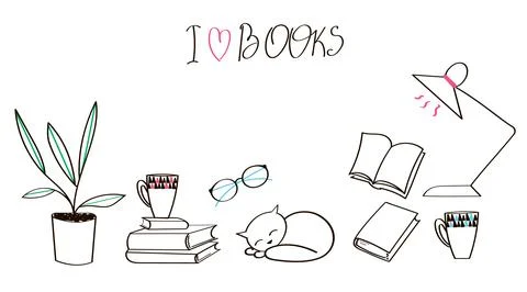 Vector school student set, books, glasses, table lamp, tea cup, kitten, flower Stock Illustration