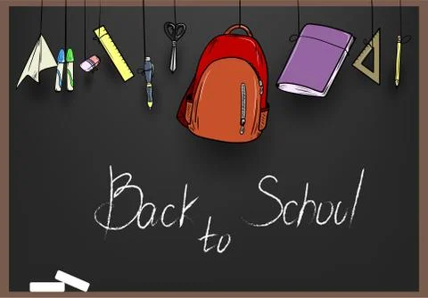 Vector school supplies hanging over a chalkboard Stock Illustration