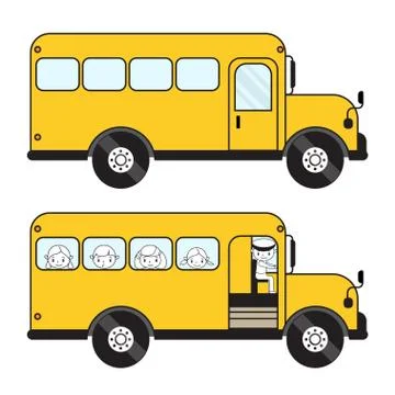 Vector schoolbus with children and empty. Closed and opened door with driver Stock Illustration
