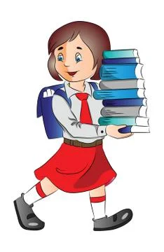 Vector of a schoolgirl carrying stack of books. 库存插图