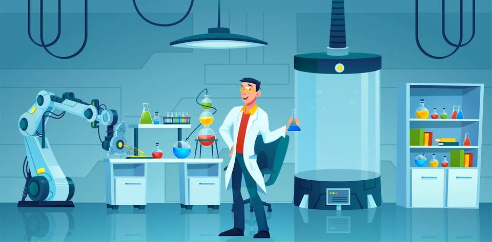 Vector of a science laboratory and a man researcher with lab flask, robotic.. Stock Illustration