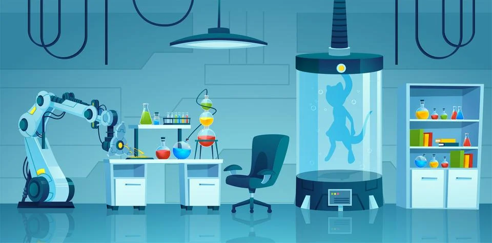 Vector of a science laboratory with robotic hand, capsule for experiments w.. Stock Illustration