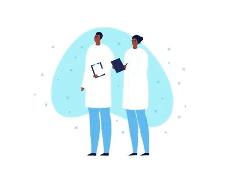 Vector scientist character. Team of black skin male and female in white coat Stock Illustration