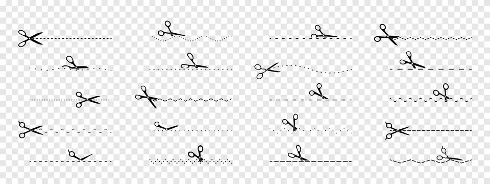 Vector scissors cutting icons. Dotted, dashed, zigzag lines on transparent .. Stock Illustration