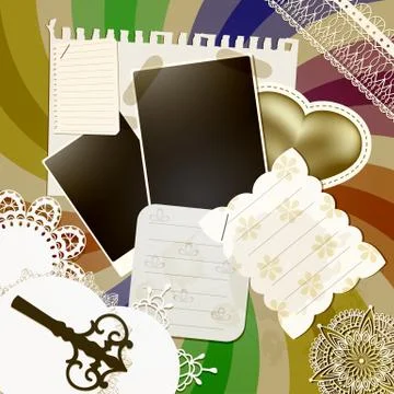 Vector scrapbook design with abstract retro background,vintage key, napkins,  Illustrazione stock