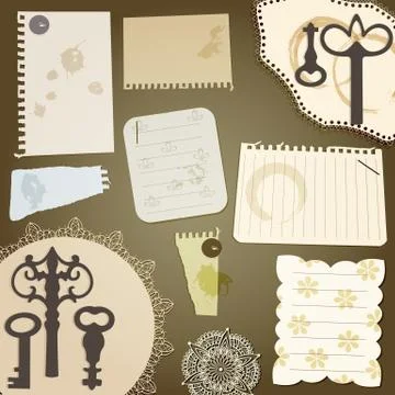 Vector scrapbook design elements: vintage key, torn pices of paper, splashes  Stock Illustration