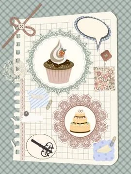 Vector scrapbook with nakin and cakes, toys, and other design elements イラスト素材