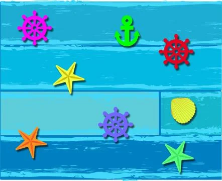 Vector with sea and beach items on lightblue wood background. Travel Postcard. Stock Illustration
