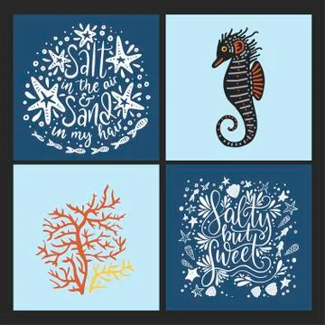 Vector sea cards set with handdrawn sea animals and ornate lettering pieces. Stock Illustration