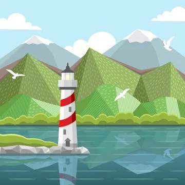 Vector sea landscape with lighthouse Stock Illustration
