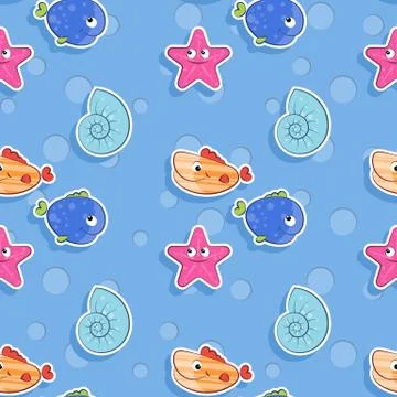Vector sea seamless pattern with blue and orange fish, starfish and seashells Illustrazione stock