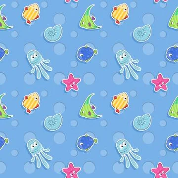 Vector sea seamless pattern with blue, yellow and green fish, starfish, shells 스톡 일러스트