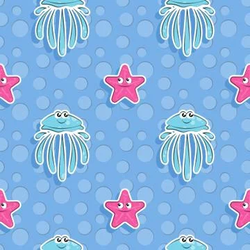 Vector sea seamless pattern with funny jellyfish and starfish. Pattern for Stock Illustration