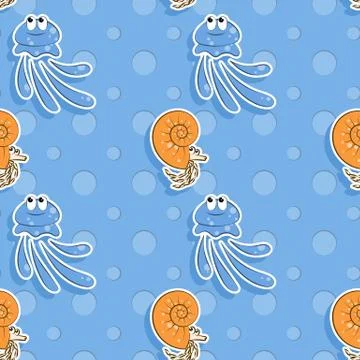 Vector sea seamless pattern with funny jellyfish and nautiluses. Pattern for イラスト素材