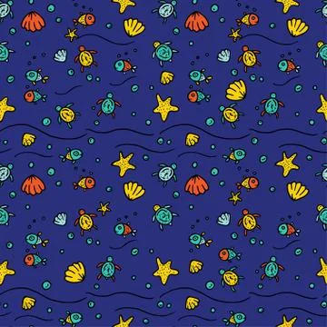 Vector sea seamless pattern with handdrawn starfishes, fishes, shells, sea Illustrazione stock