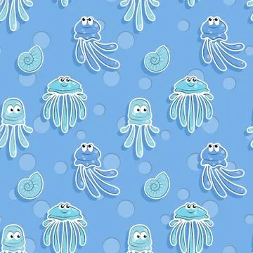 Vector sea seamless pattern with shells and funny jellyfish. Pattern for Illustrazione stock