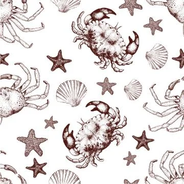 Vector seafood seamless pattern with crabs. Retro lillustration Stock Illustration