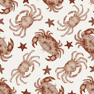 Vector seafood seamless pattern with crabs and seastars. Retro lillustration Stock Illustration