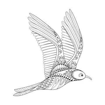Vector Seagull. Zentangle Common Gull illustration, flying bird 스톡 일러스트