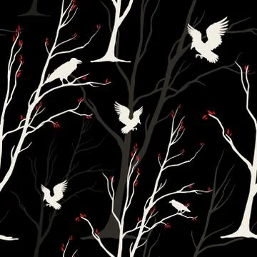 Vector seamlees monochrome pattern with birds, ravens, crows and trees.  Stock Illustration