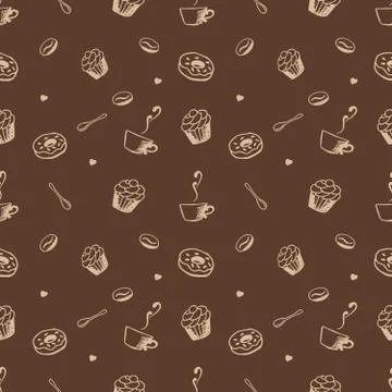 Vector seamles pattern with hand drawn coffee and confectionery Stock Illustration