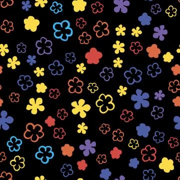 Vector seamles pattern small orange, yellow blue flowers on a black Stock Illustration