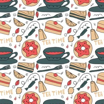 Vector seamles pattern with sweets, cakes and tea. Stock Illustration