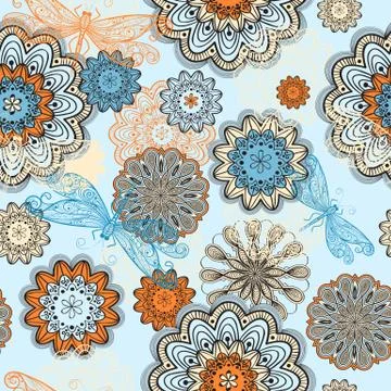 Vector seamless abstract  pattern with doodle flowers and dragonflies Stock Illustration