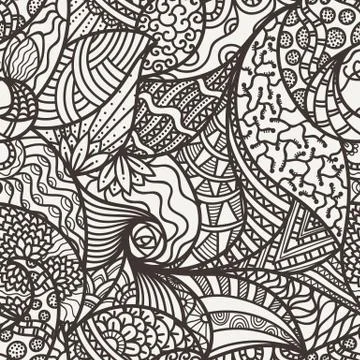 Vector seamless abstract pattern of leaves, flowers, waves, lines and hair. In Stock Illustration