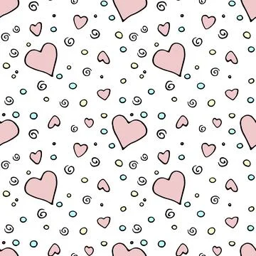 Vector Seamless abstract pattern of outline colorful elements hearts points d Stock Illustration