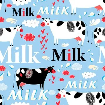 Vector seamless advertising pattern with cows and milk Stock Illustration