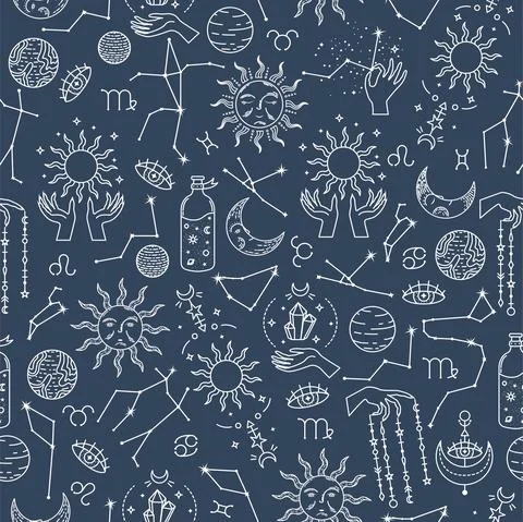Vector seamless astrological pattern with planets and constellations. 스톡 일러스트