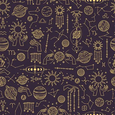 Vector seamless astrological pattern with planets and constellations. Illustrazione stock