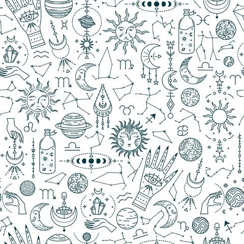 Vector seamless astrological pattern with planets and constellations. Stock Illustration