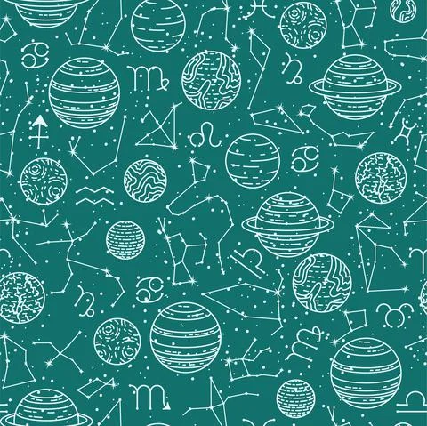 Vector seamless astrological pattern with planets and constellations. Illustrazione stock