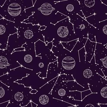 Vector seamless astrological pattern with planets and constellations. Stock Illustration