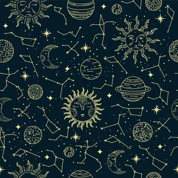 Vector seamless astrological pattern with planets, sun, moon, stars and const Ilustração Stock